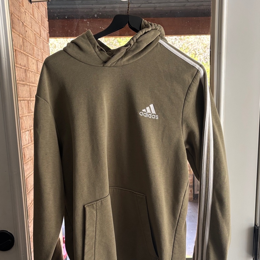 Adidas Khaki Men's Hoodie with White Stripes